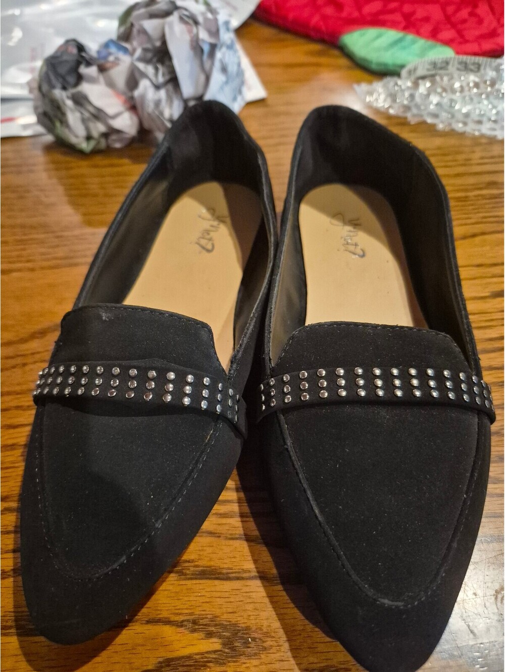 Y-Not? Black Faux Suede Pointed-Toe Loafer Flats Triple Row Silver Studs 1261